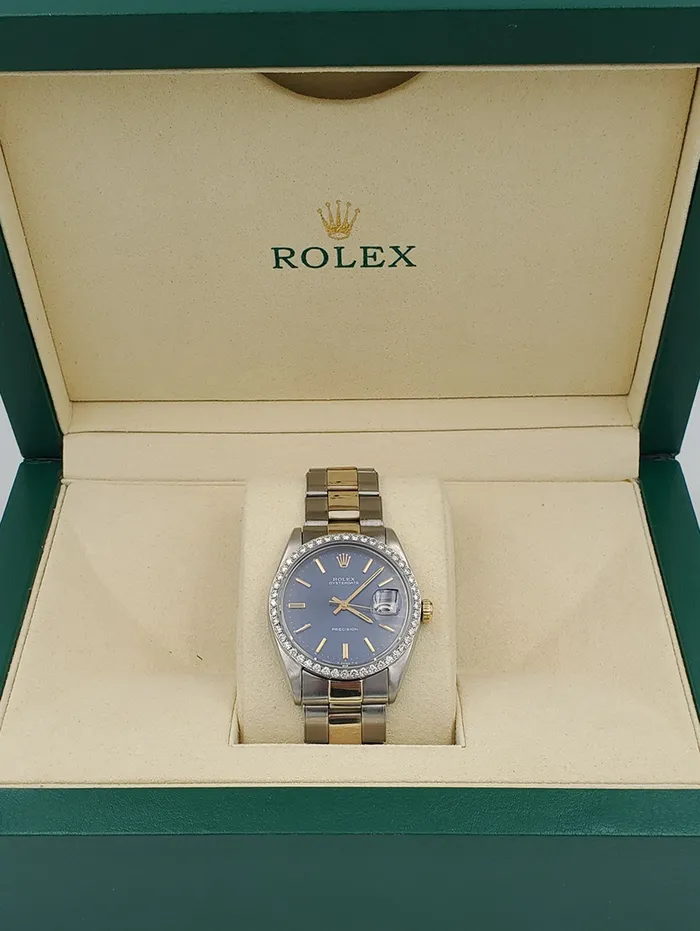 Unisex Rolex OysterDate 34mm Two Tone 14K Yellow Gold Stainless Steel Watch with Blue Dial and Custom Diamond Bezel PreOwned 6694 Rolex Rings