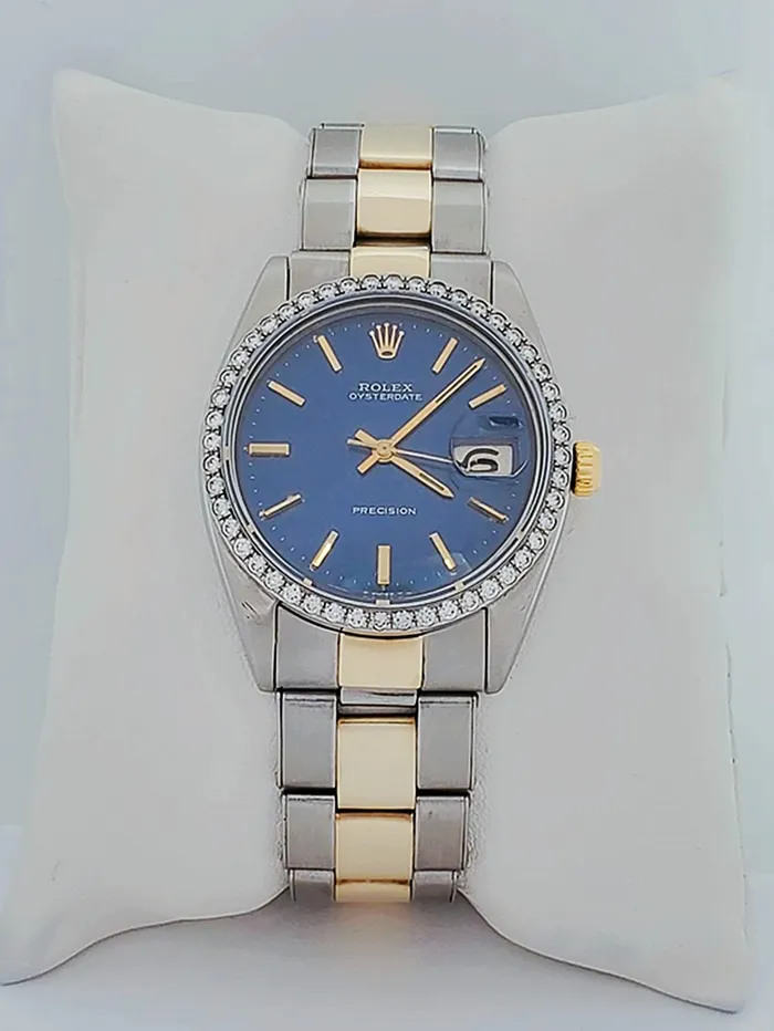 Unisex Rolex OysterDate 34mm Two Tone 14K Yellow Gold Stainless Steel Watch with Blue Dial and Custom Diamond Bezel PreOwned 6694 Rolex Rings