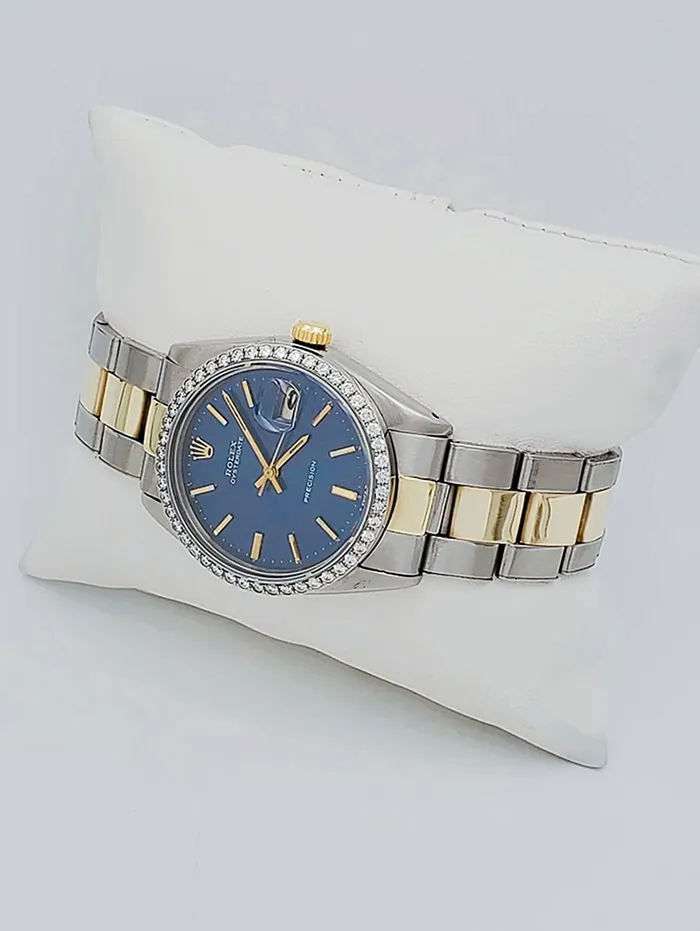 Unisex Rolex OysterDate 34mm Two Tone 14K Yellow Gold Stainless Steel Watch with Blue Dial and Custom Diamond Bezel PreOwned 6694 Rolex Rings