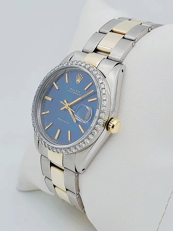 Unisex Rolex OysterDate 34mm Two Tone 14K Yellow Gold Stainless Steel Watch with Blue Dial and Custom Diamond Bezel PreOwned 6694 Rolex Rings