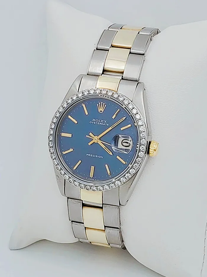 Unisex Rolex OysterDate 34mm Two Tone 14K Yellow Gold Stainless Steel Watch with Blue Dial and Custom Diamond Bezel PreOwned 6694 Rolex Rings