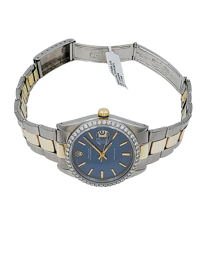 Unisex Rolex OysterDate 34mm Two Tone 14K Yellow Gold Stainless Steel Watch with Blue Dial and Custom Diamond Bezel PreOwned 6694 Rolex Rings