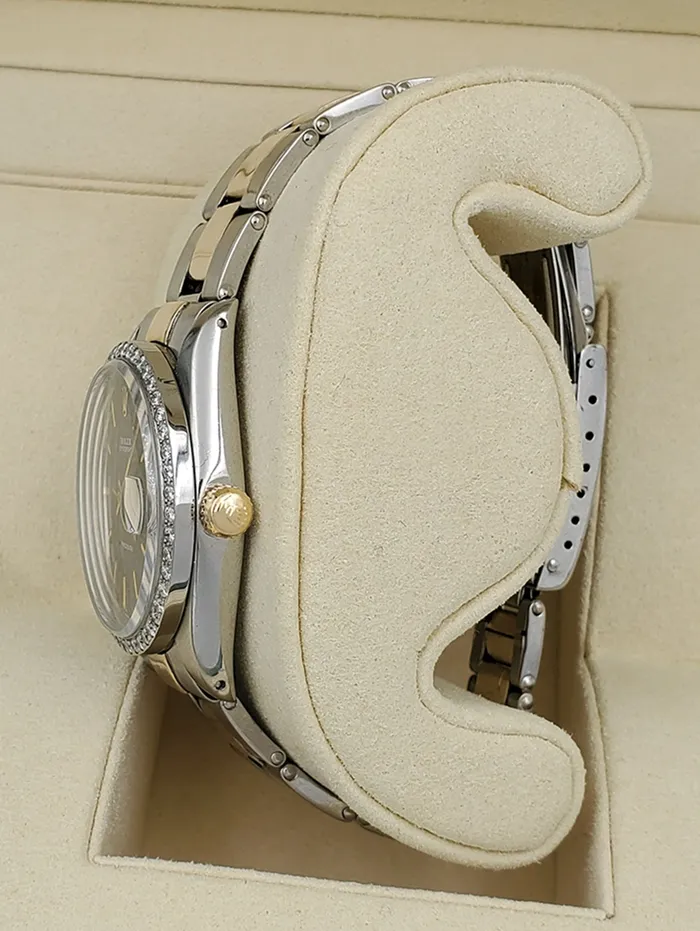 Unisex Rolex OysterDate 34mm Two Tone 14K Yellow Gold Stainless Steel Watch with Blue Dial and Custom Diamond Bezel PreOwned 6694 Rolex Rings
