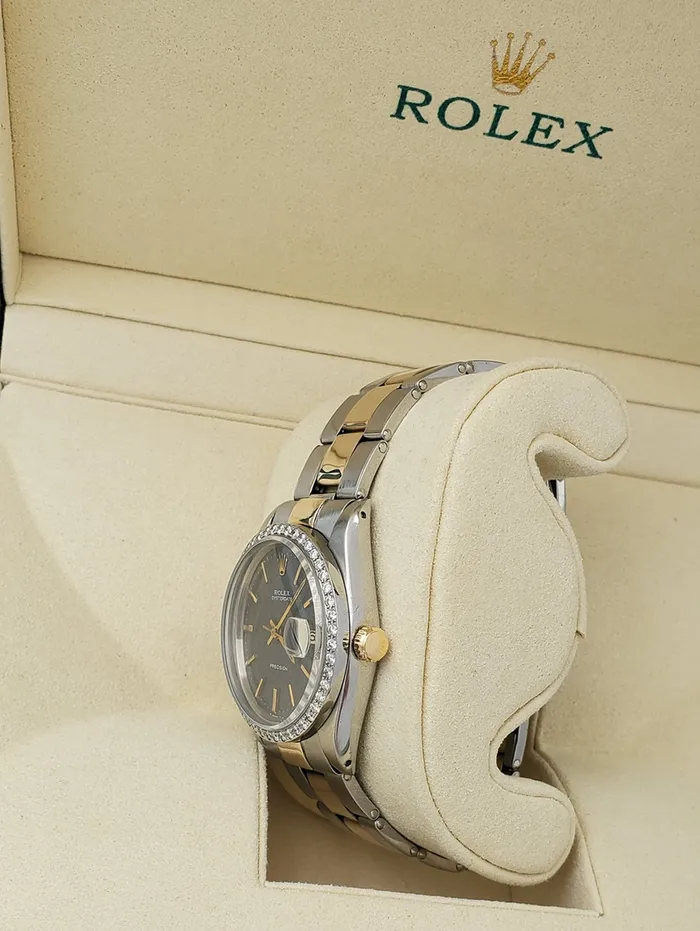 Unisex Rolex OysterDate 34mm Two Tone 14K Yellow Gold Stainless Steel Watch with Blue Dial and Custom Diamond Bezel PreOwned 6694 Rolex Rings