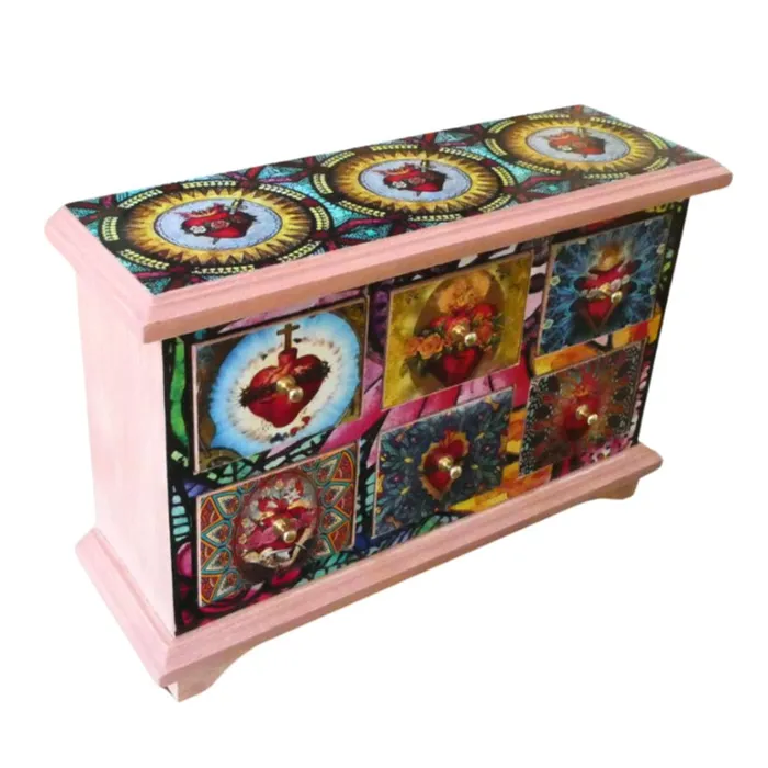 Wood Decoupage Jewelry Chest Sacred Heart Designs 75 x 11 x 32 Guadalupe Gifts Necklaces
